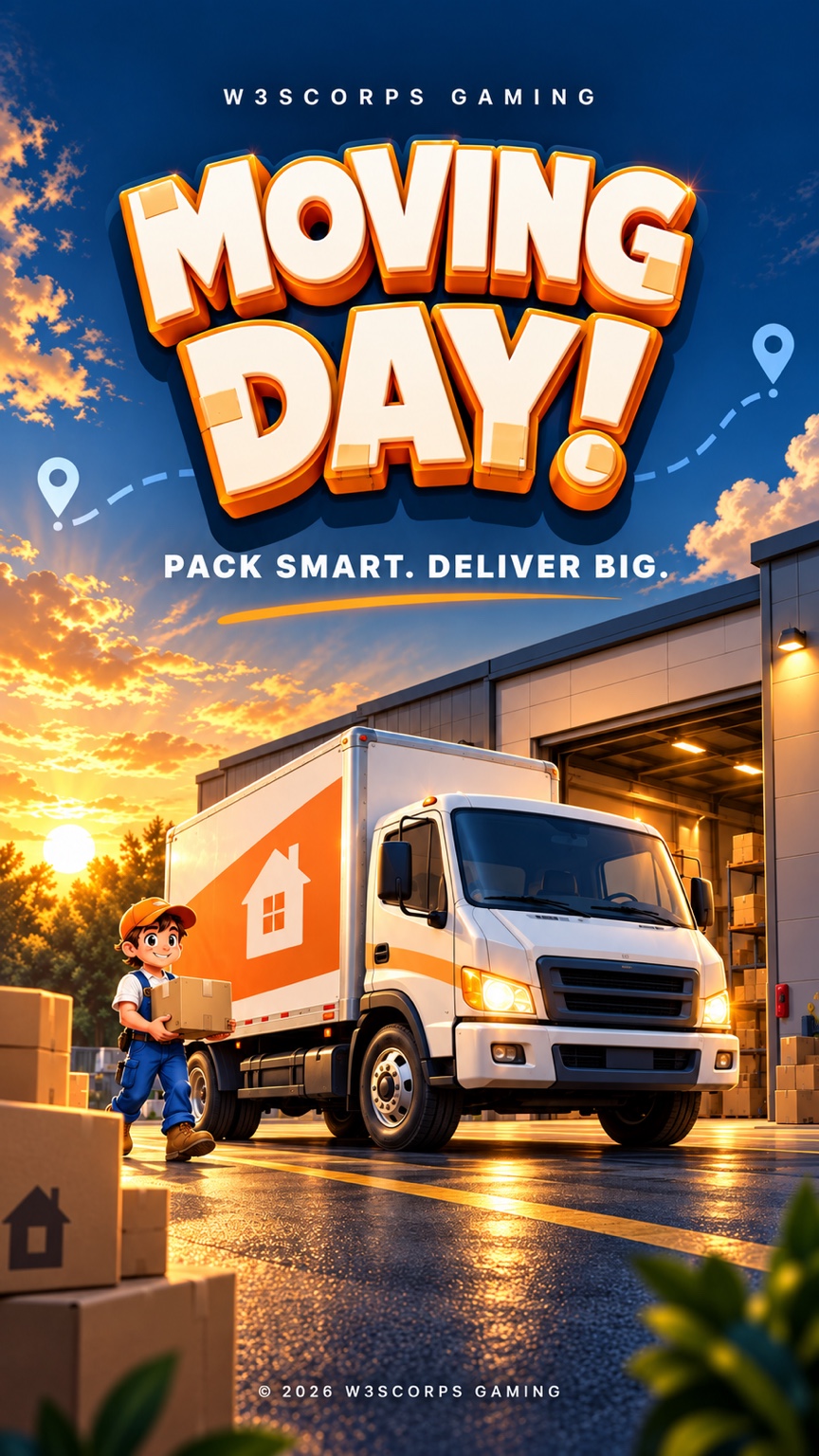 Moving Day game artwork with a cheerful mover and moving truck